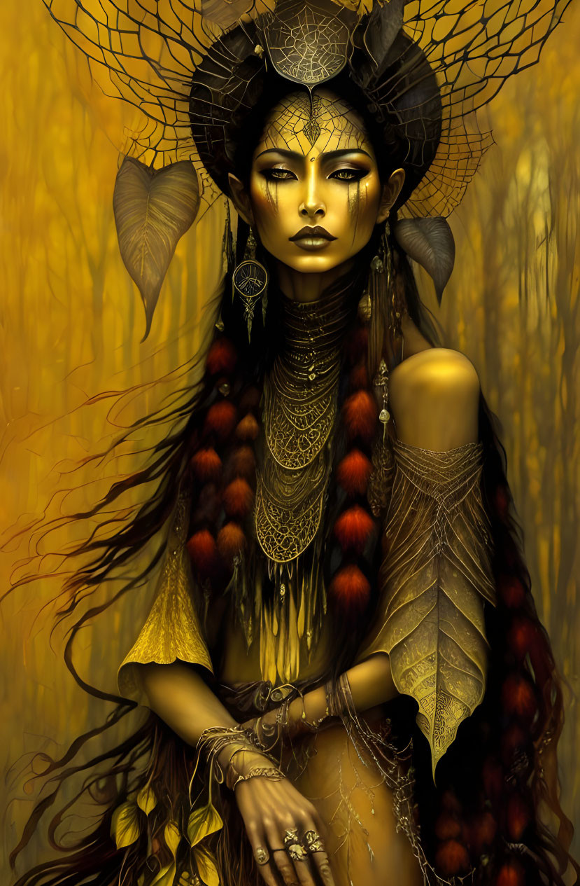 Golden fantasy figure with elaborate headdress and jewelry against yellow background