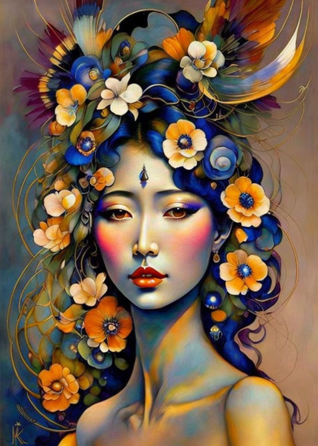 Colorful artwork of woman with floral hair adornments blending realism and fantasy