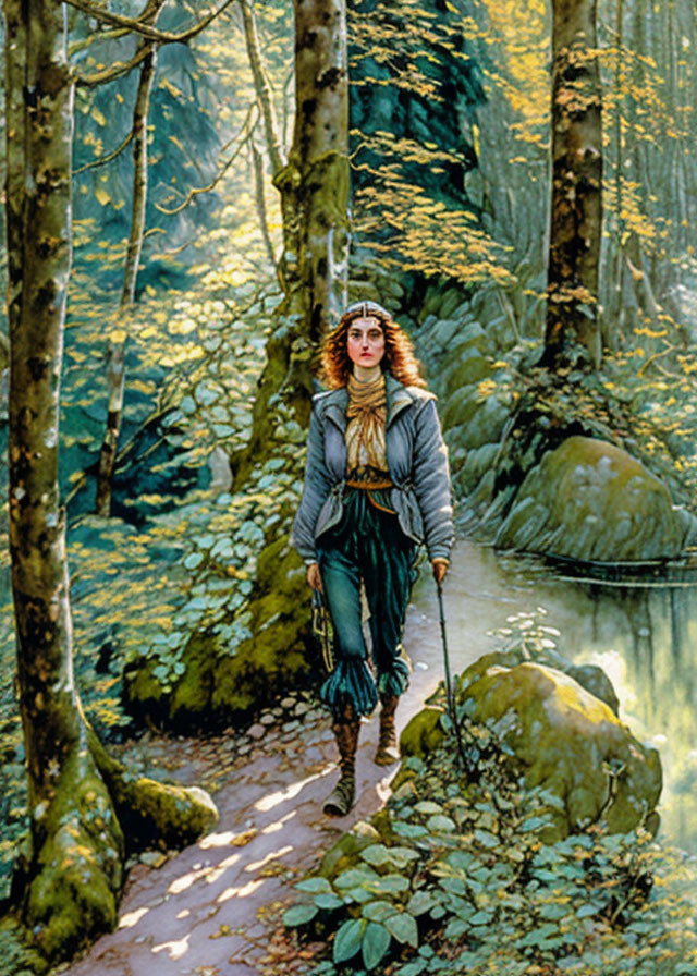 Historical woman walking on forest path with cane surrounded by lush greenery