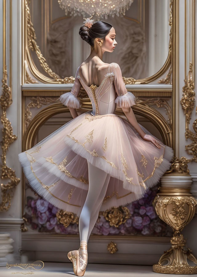 Elegant ballerina in pink tutu in luxurious room with golden baroque decor