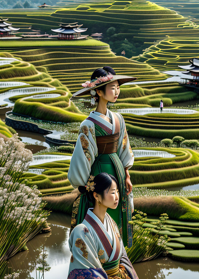 Traditional Korean Hanbok Dresses and Rice Paddies Scene