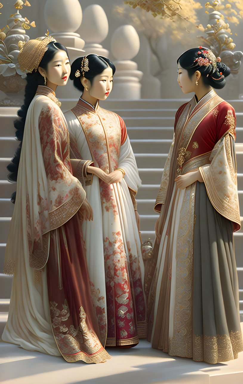 Three women in traditional Asian attire conversing on stairs amidst classical architecture