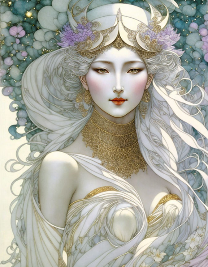 Ethereal figure with fair skin and flowing white hair in ornate headdress