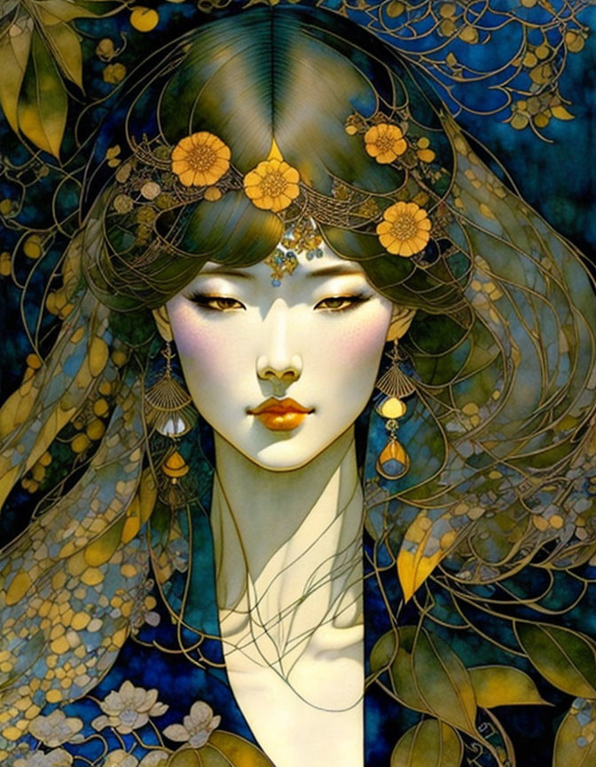 Ethereal woman with golden jewelry and floral motifs