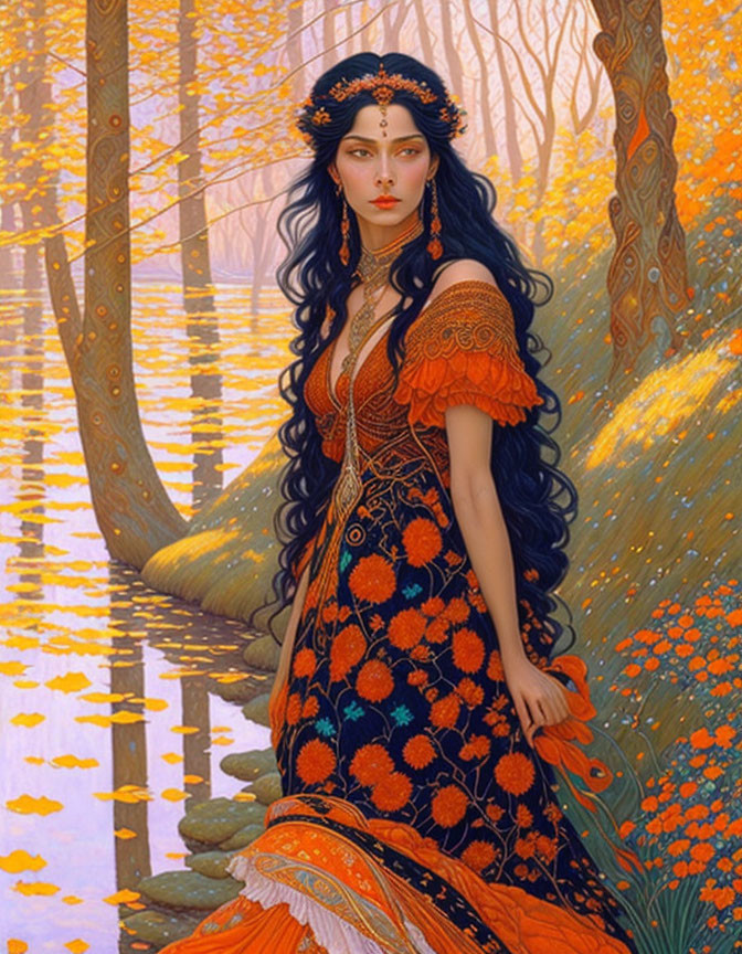 Woman in ornate orange dress by tranquil lake in autumn scene