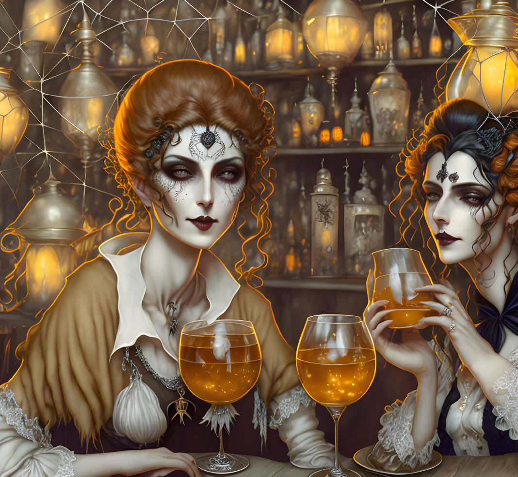 Vintage Hairstyles and Ornate Makeup: Two Women at Bar with Amber Drinks and Glowing Lanterns