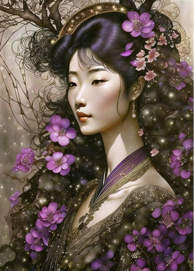 Traditional East Asian woman with golden headdress among blossoming flowers