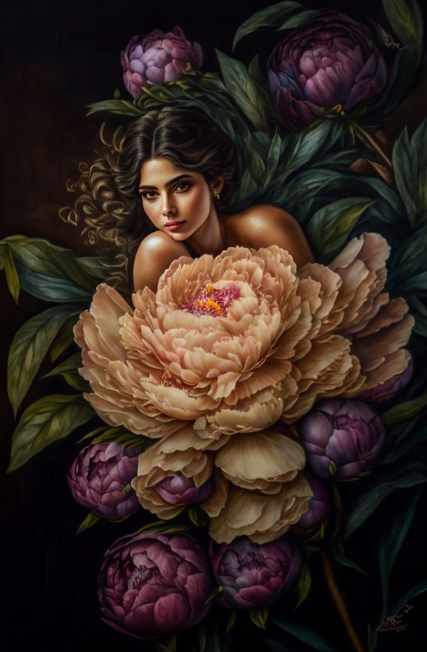 Detailed painting of woman peeking through vibrant peony flowers