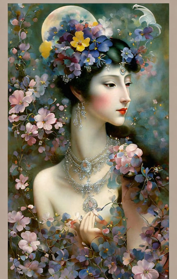 Ethereal woman with flowers and jewelry in pastel-colored floral setting