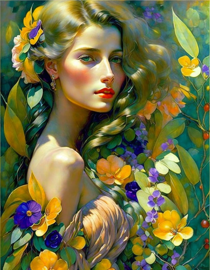 Blonde woman surrounded by vibrant flowers and colorful blossoms