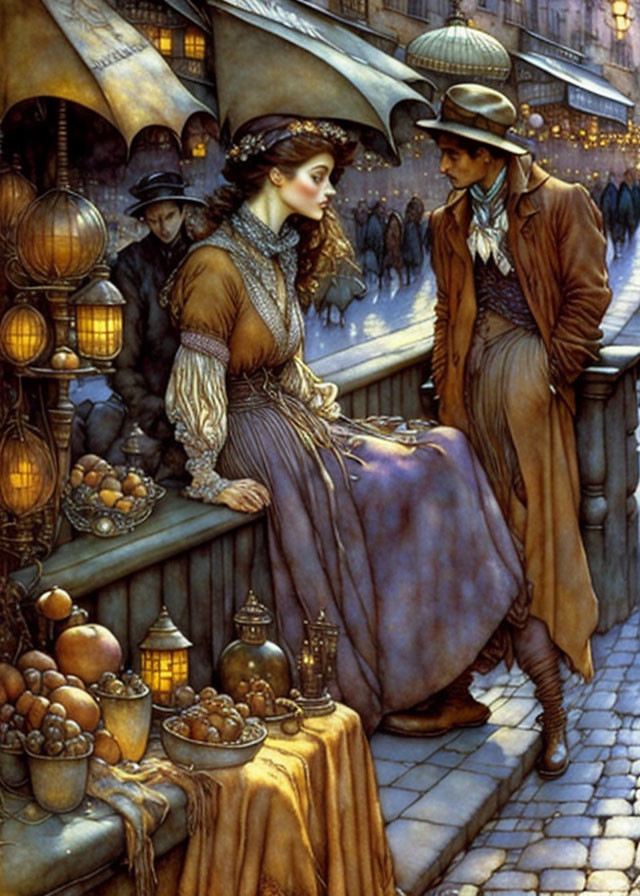 Victorian-era painting of well-dressed couple conversing at fruit stand