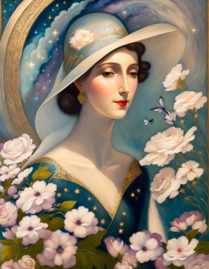 Stylized portrait of woman with celestial dress and flower backdrop