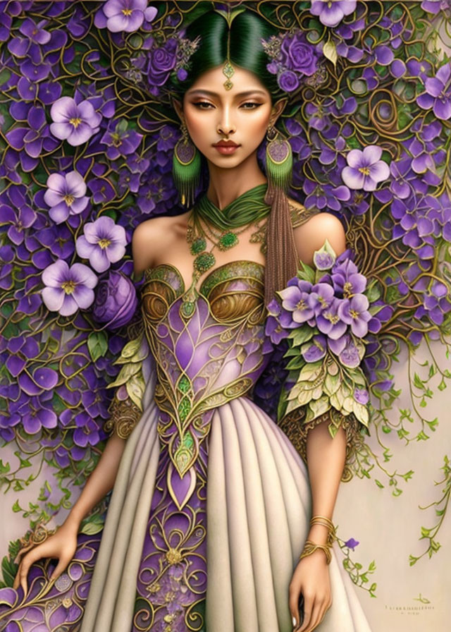 Illustrated woman in purple floral dress with gold accents against lush flower background