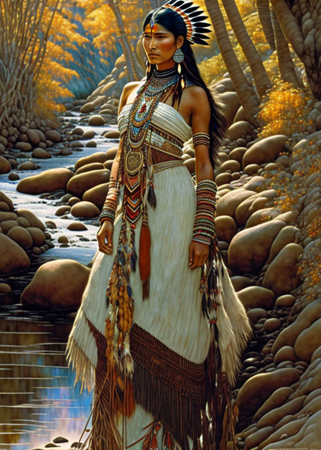 Native American woman in traditional attire by river with autumn trees.