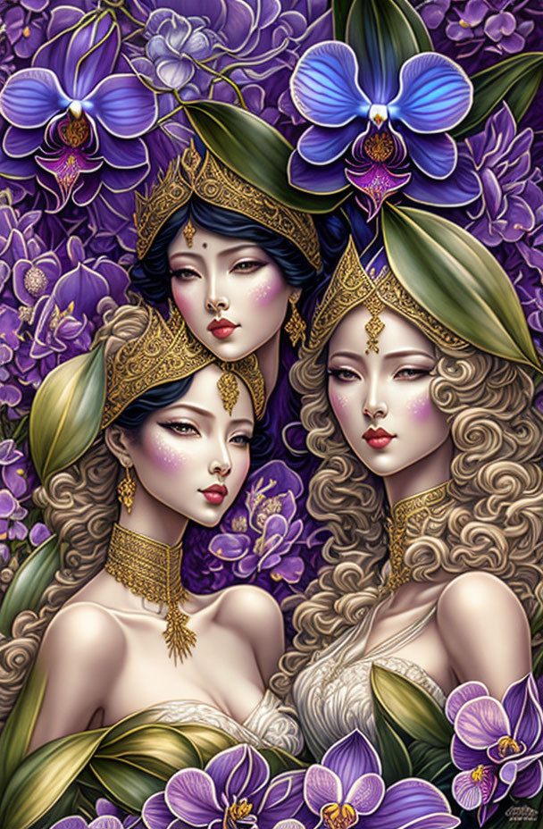 Stylized elegant women with golden headpieces in vibrant purple orchid backdrop