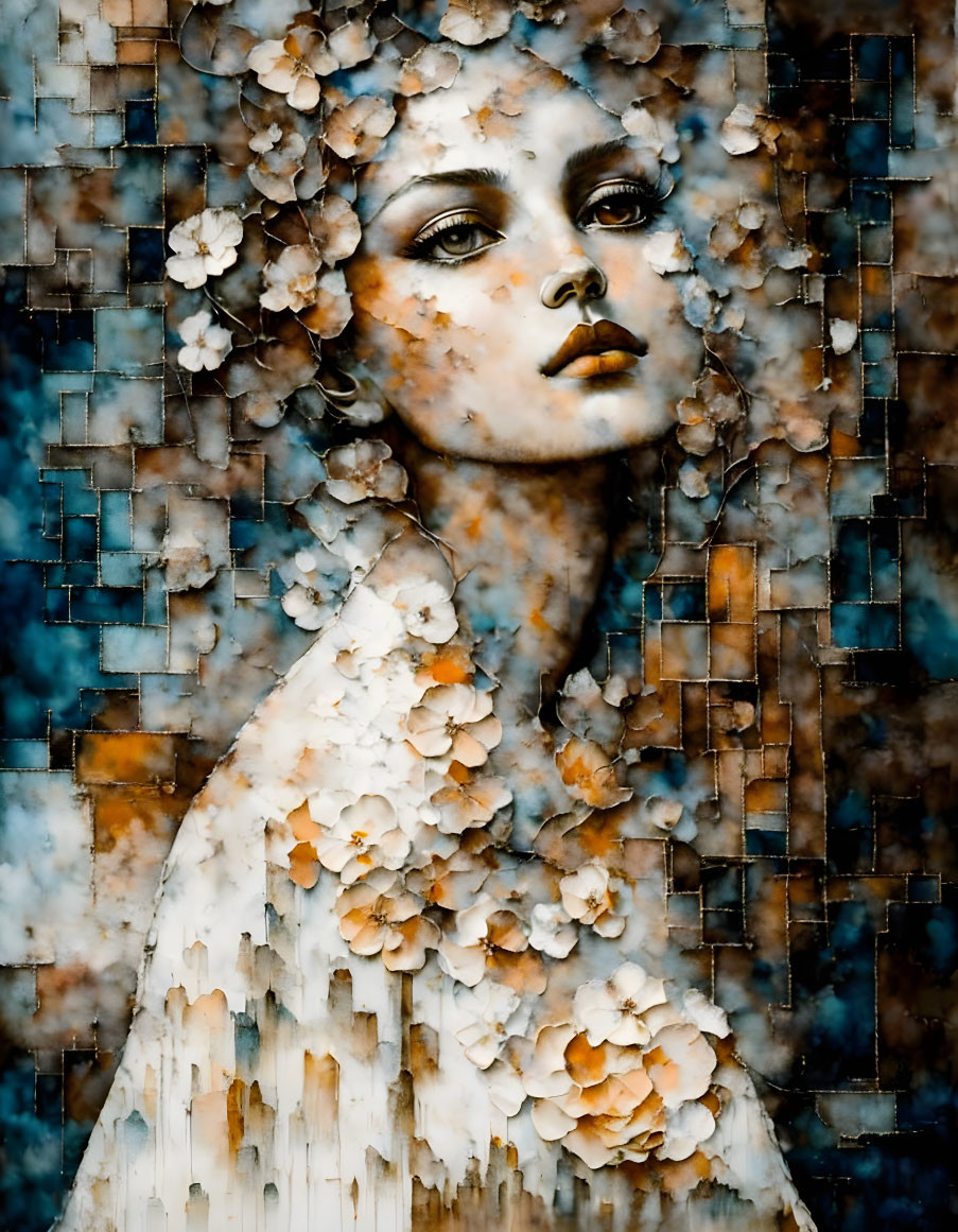 Abstract Pixelated Art: Woman with Flowers in Hair, Blue and Brown Background