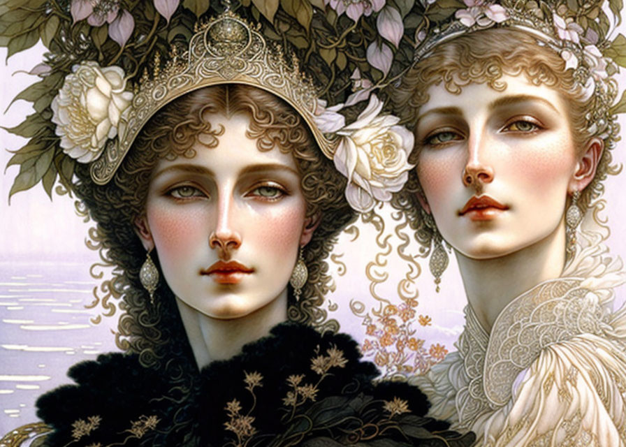 Detailed digital artwork of two women in elaborate floral hats and Edwardian attire