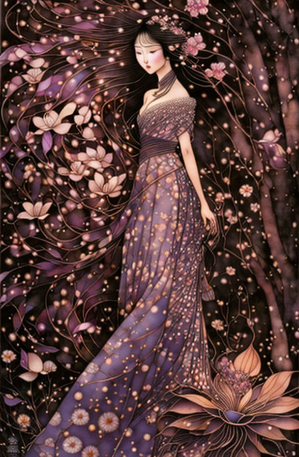 Woman in Purple Gown Surrounded by Floral Backdrop