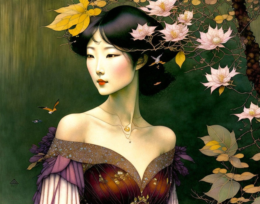 Illustration of Asian woman with flowers and butterfly in realistic fantasy style