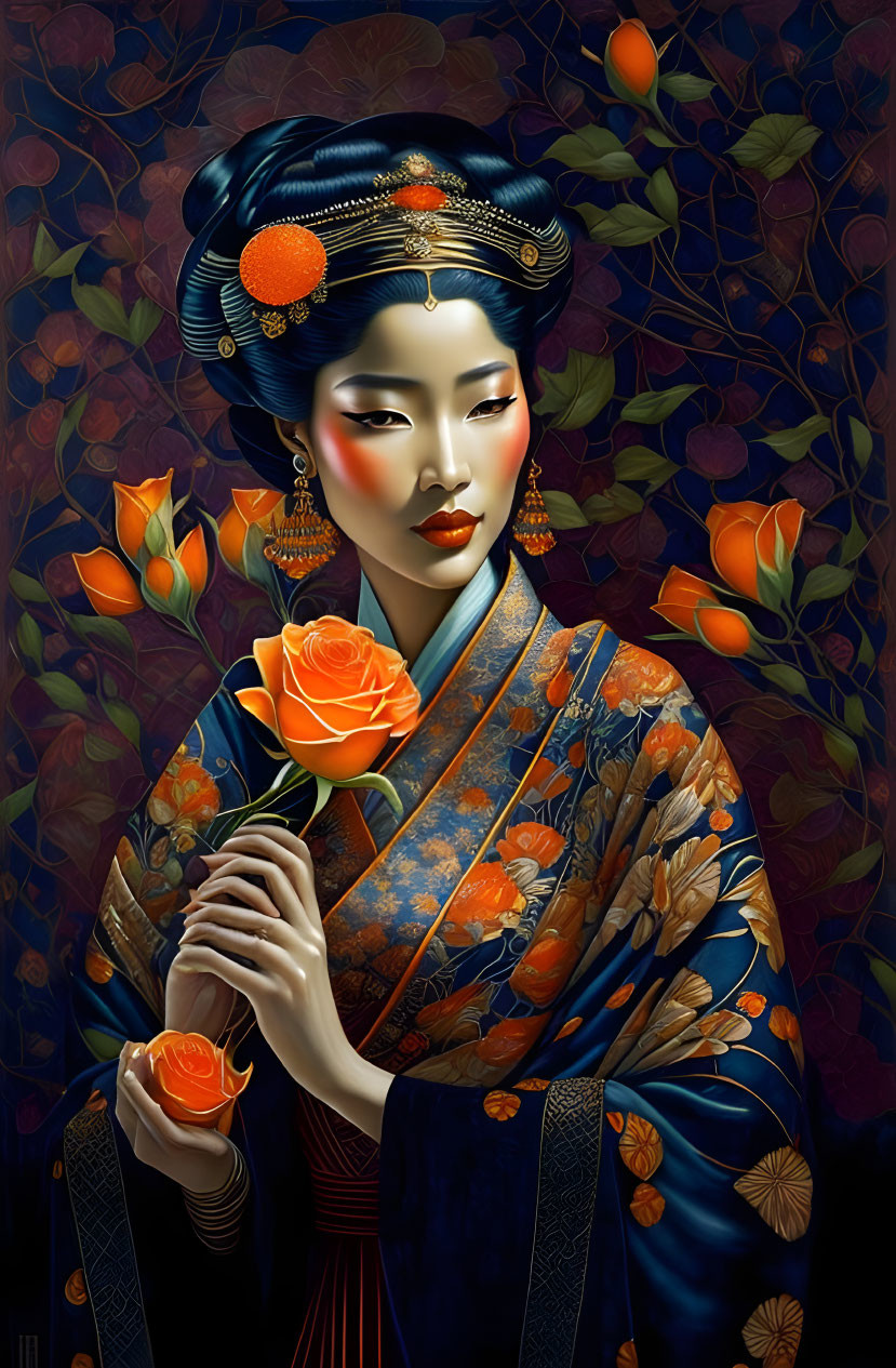 Stylized portrait of a woman with elaborate hairstyle and traditional clothing holding a rose against orange floral backdrop