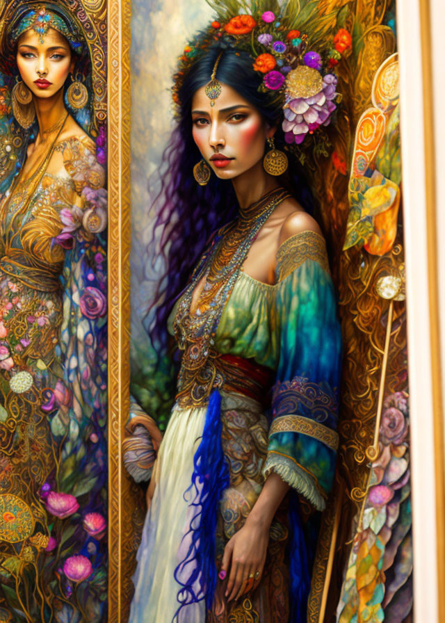 Traditional attire woman with vibrant colors and jewelry beside a floral-painted mirror