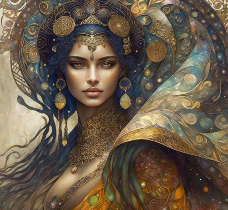 Elaborate golden headpiece and celestial motifs on cloak woman portrait