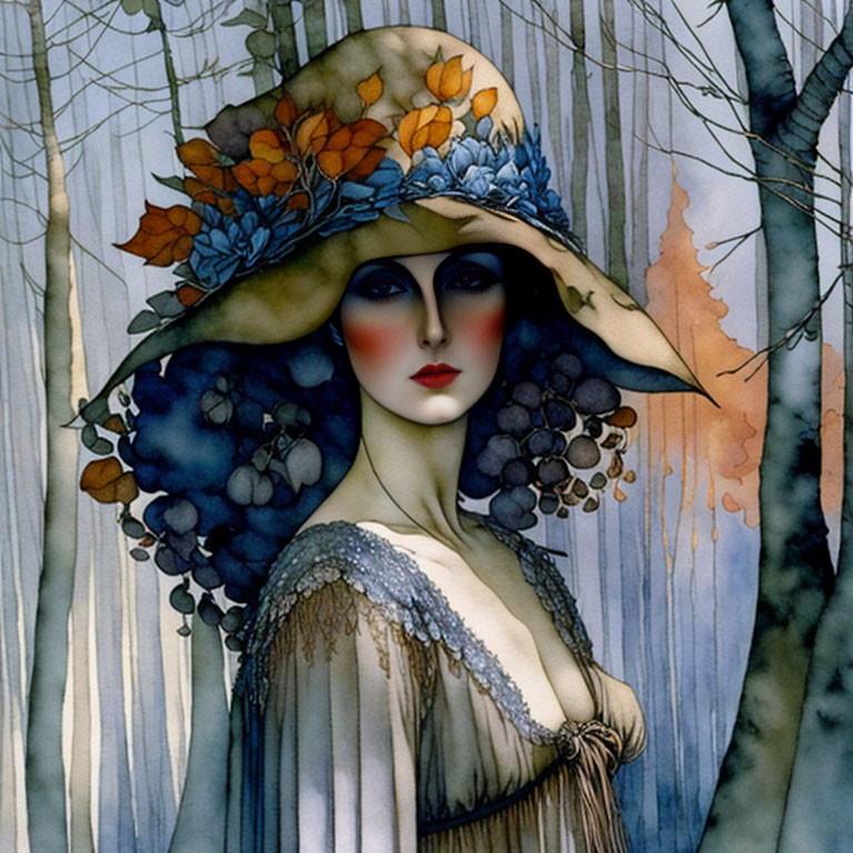 Illustrated woman in wide-brimmed hat with autumn leaves and grapes against forest backdrop