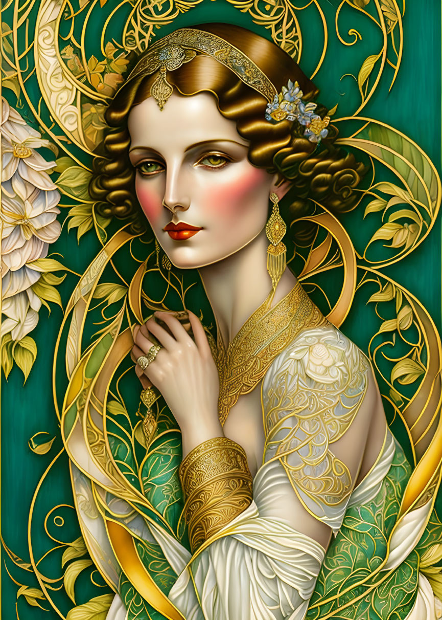 Art Nouveau Style Woman Illustration with Floral Adornments