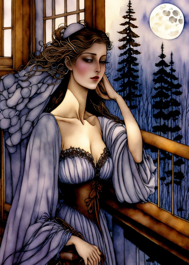 Pensive woman with angel wings by window at night