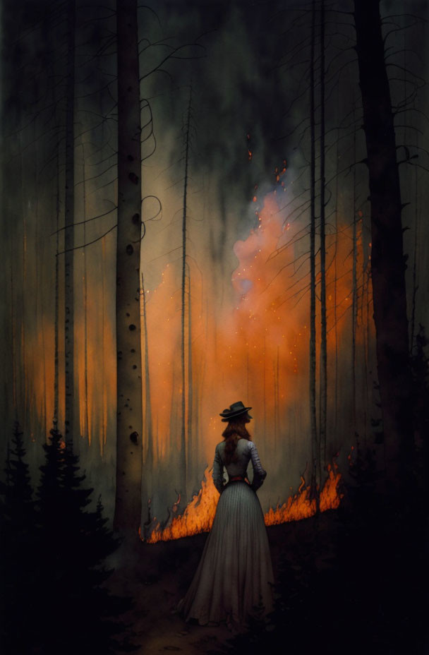 Vintage-clad woman watches forest fire at dusk