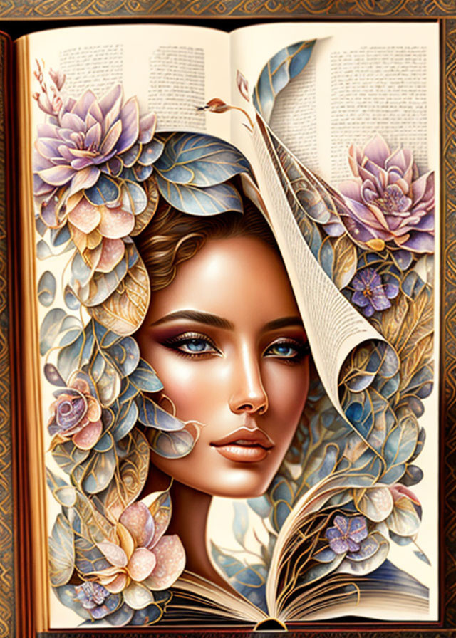 Illustration of woman's face from open book with floral patterns