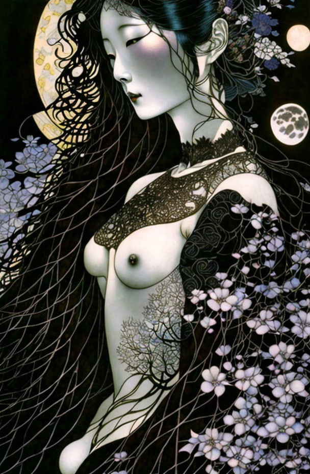 Female figure with floral patterns and moons in celestial background