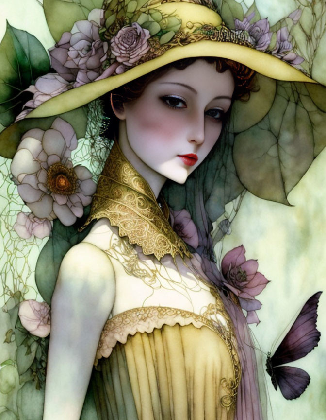 Illustration of lady in yellow hat and vintage dress with butterfly