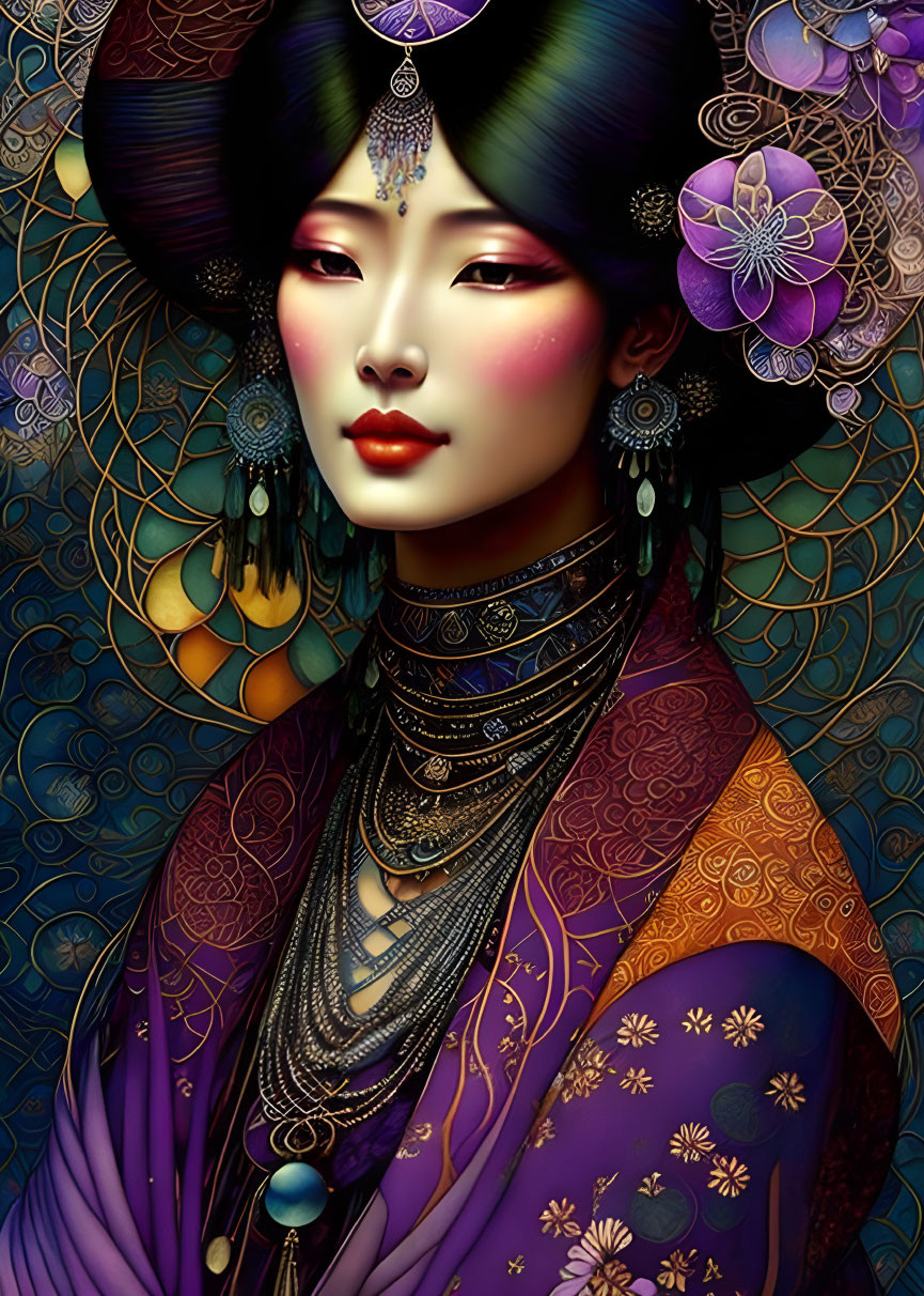 Traditional East Asian Woman in Ornate Purple Attire and Jewelry