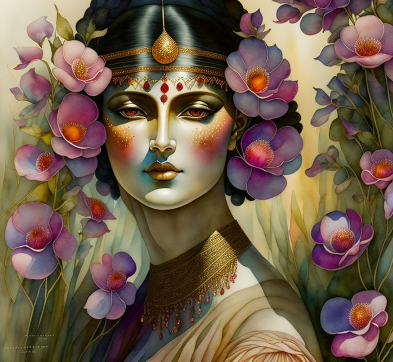 Ethereal woman with intricate facial adornments and purple flowers