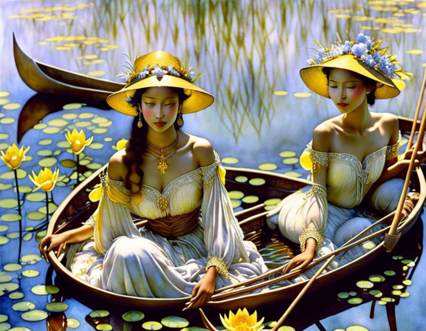 Two women in flower-adorned boat with elegant dresses and wide-brimmed hats among water l