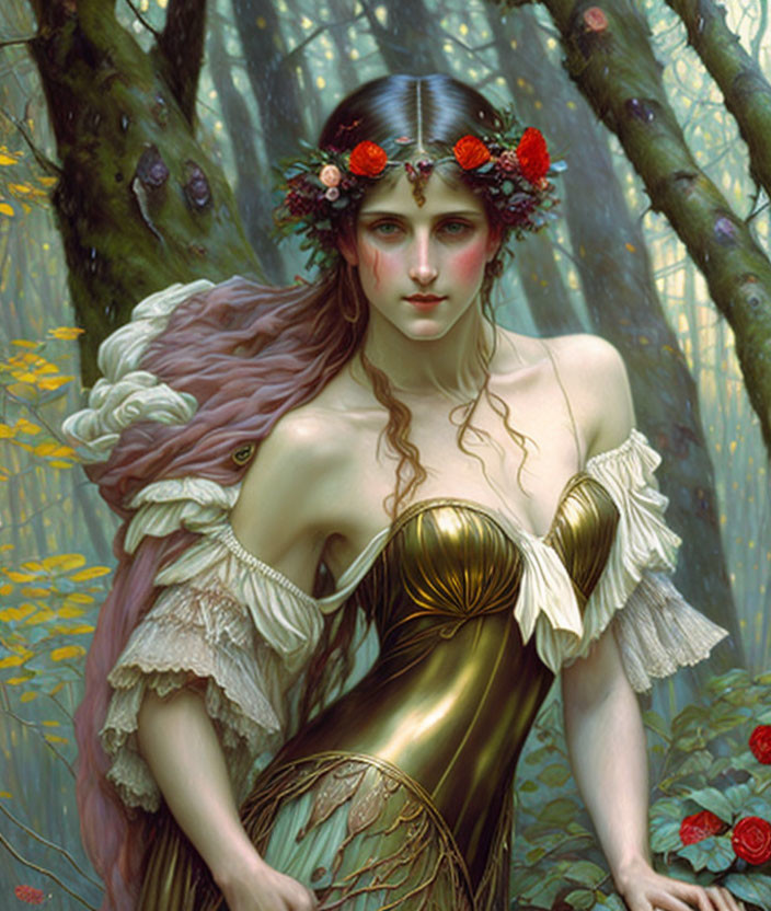 Woman with long wavy hair in gold dress and floral wreath in mystical forest