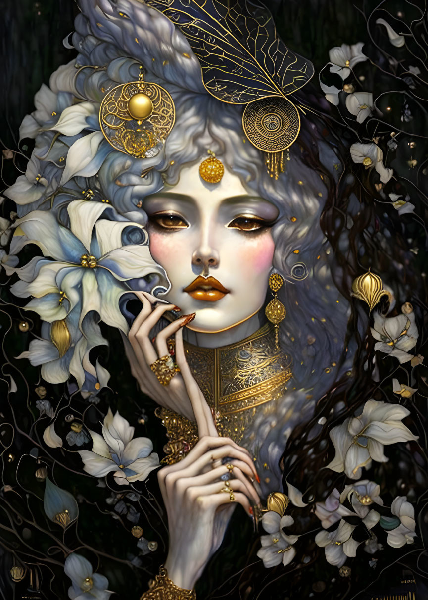 Pale-skinned figure with gold jewelry and dark hair adorned with white flowers.