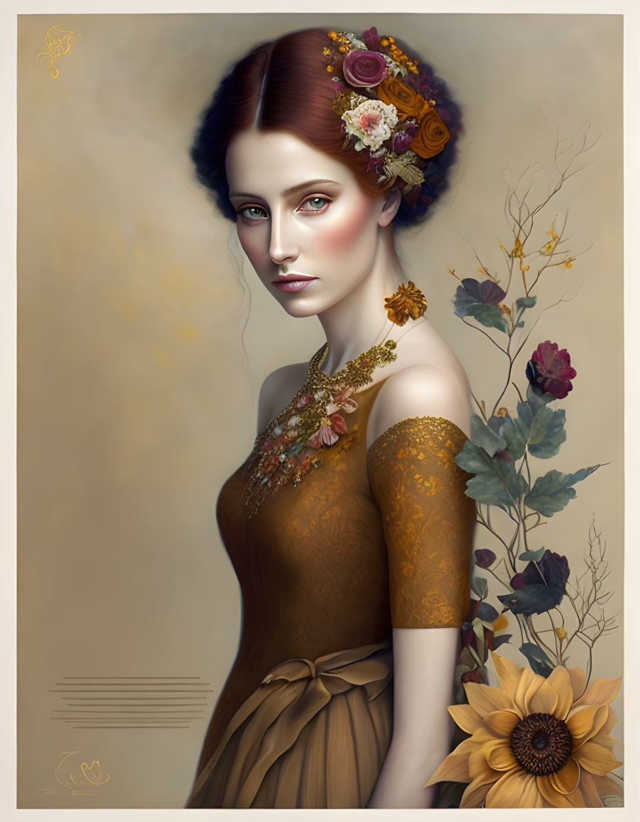 Digital artwork: Woman with red hair, golden dress, lace sleeves, adorned with flowers.