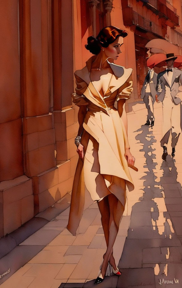 Stylized illustration of woman in cream dress walking city street