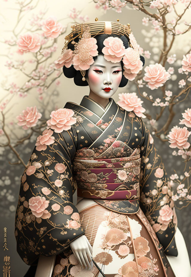 Detailed Geisha Illustration in Floral Kimono with Gold Accents