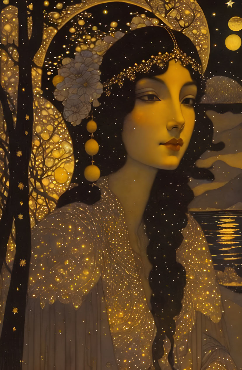 Art Nouveau Style Painting of Woman with Starry Elements and Crescent Moon