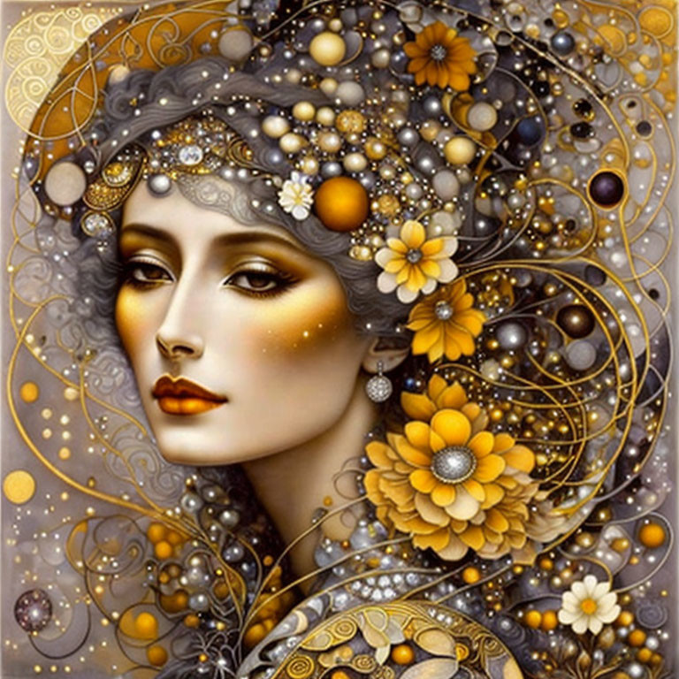 Stylized portrait of woman with golden floral motifs and jewelry