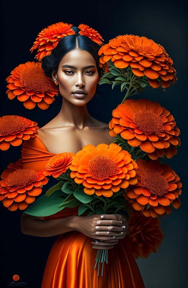 Dark-haired woman with orange flower hair adornment and matching dress holding bouquet on dark background.