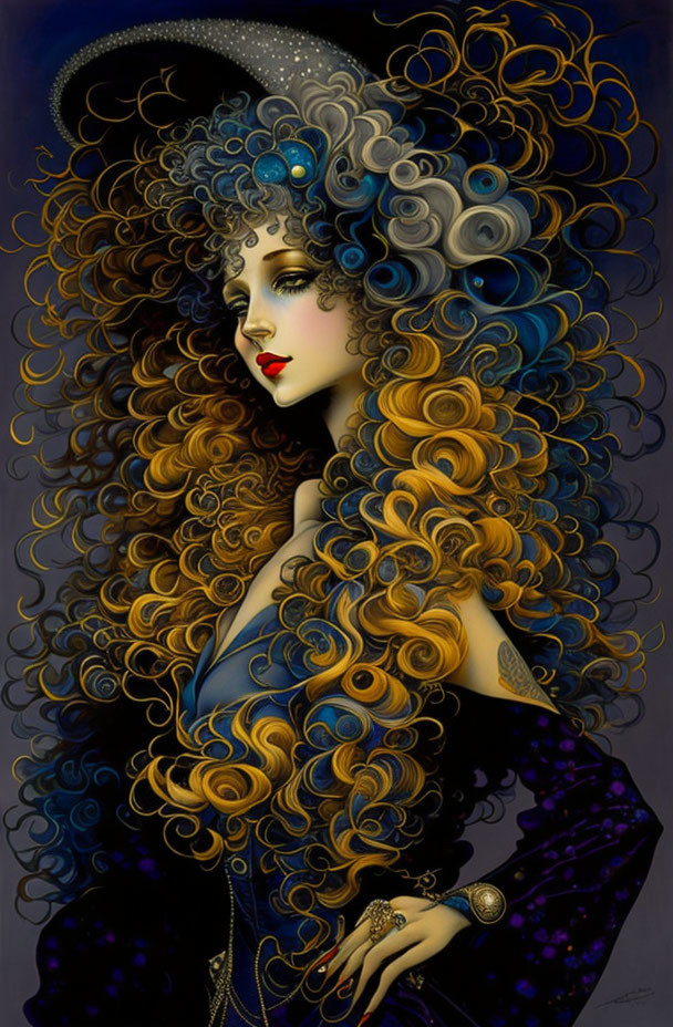 Stylized illustration of woman with curly blue and gold hair in dark dress