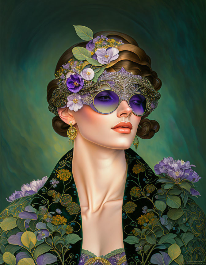 Portrait of woman with floral headpiece and purple mask, gold earrings, green garment