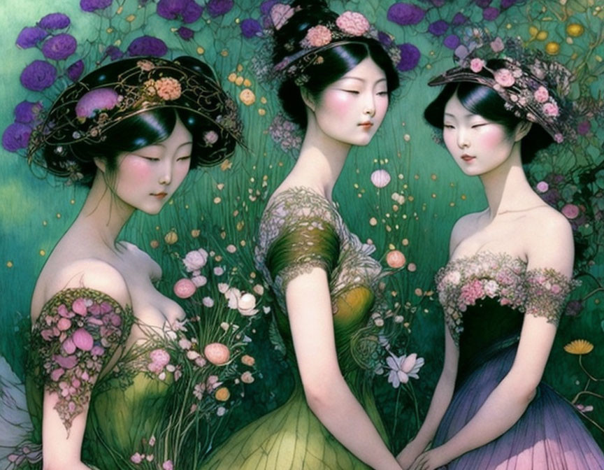 Three women in floral headdresses and detailed dresses in a serene, flower-filled scene