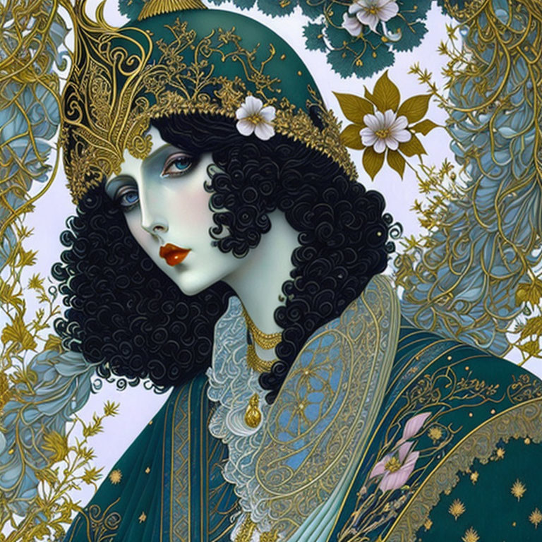 Illustrated female figure with curly black hair in ornate blue attire and golden crown on floral background