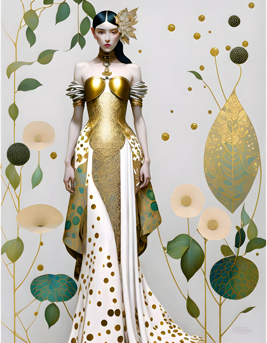 Woman in Gold-and-White Dress with Botanical and Butterfly Designs