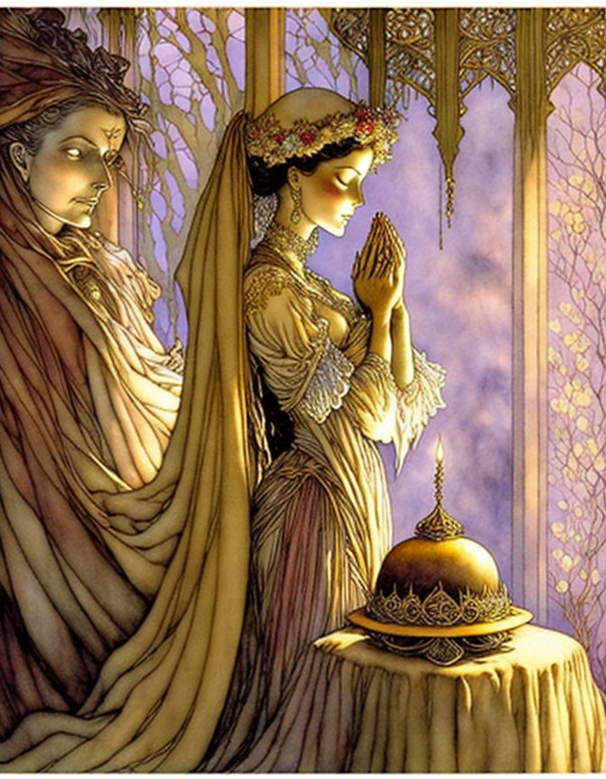 Illustration of two women in medieval attire by window overlooking purple forest